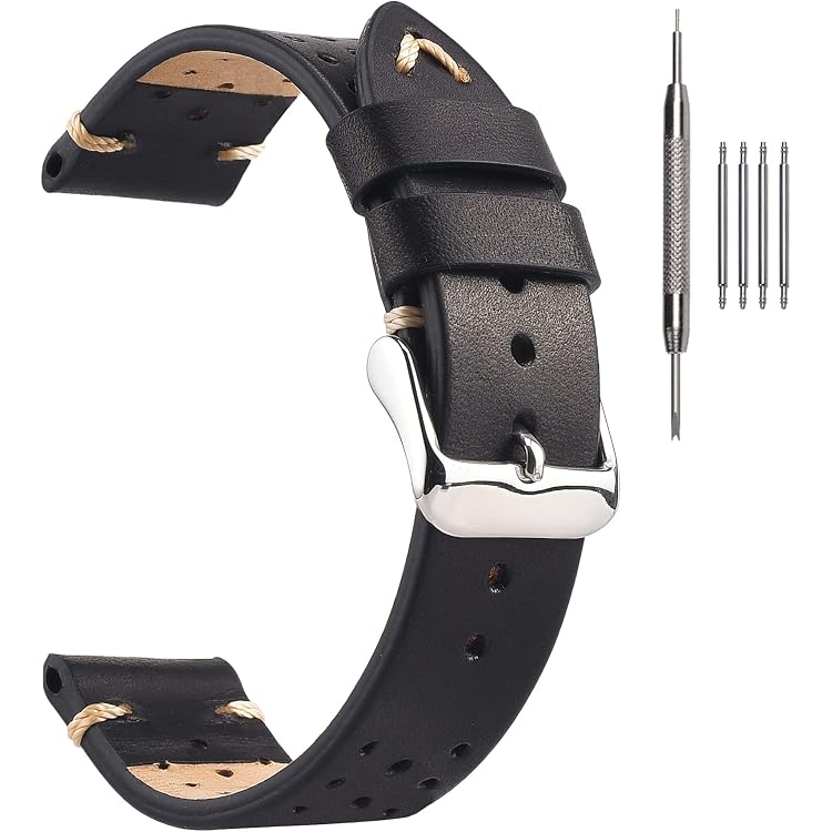 Rally Racing Uhrenarmband Aus Schwarzem Leder – Mit Roten Nähten, Perforiert, 18–24 Mm Breite, Für Herren