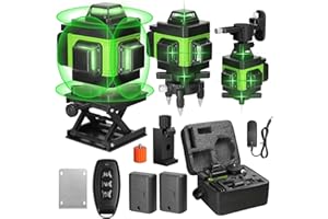 Geevorks Niveau laser en 4 x 360° 4D 16 lignes auo-équilibrage du niau laser vert rotatif Outil de niveau vertical horizontal avec d'auto-nivellement IP54 2xBatteries Rechargeables