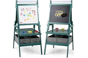 ‎COSTWAY COSTWAY 3-in-1 Tafel Kinder, doppelseitige Kindertafel mit Papierrolle & magnetischer Kreidetafel & Whiteboard, inkl. 3 Farbbechern & 2 Boxen, Staffelei für Kinder ab 3 Jahren (Blau)