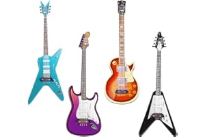 LLOUSSAK 4 Stück Mini Kinder Gitarre, Gitarre Aufblasbar Simulation Dekorationen, Holz im Maßstab 1:12 Luftgitarren Bunt, Gitarre für Kinder für Mini-Musikzimmer, Heimdekoration (Lila, Blau, Braun, Schwarz)