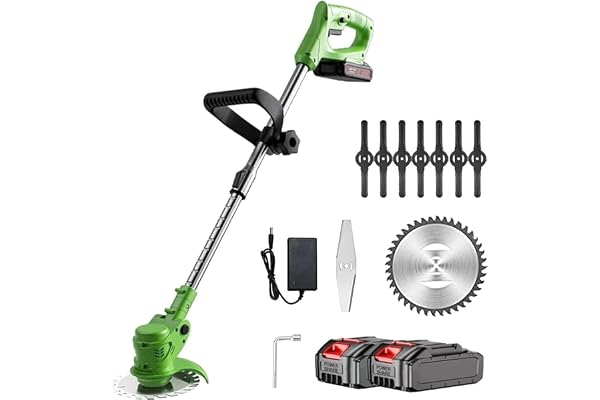 Batteridriven grästrimmer 12 V med 2 batterier – trådlös höjdjusterbar trädgårdstrimmer, stål- och plastknivar, lätt för gräsmattor och rabatter