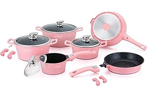 Royalty Line, Set di utensili da cucina in alluminio pressofuso, 14 pezzi, rivestimento in marmo, colore rosa