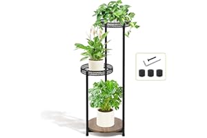 KAZITOO 3 Tier Metal Plant Stand Pot Stand Indoor Outdoor, 76cm Corner Plant Holder Plant Shelf for Flower Pots, Modern Plant Holder Display Rack with Wooden Plate for Garden