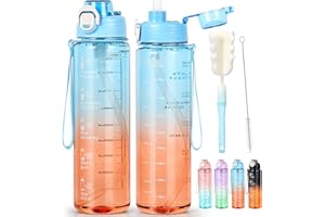 AOHAN Gourde Paille 1l, Bouteille d'eau Sans BPA, Motivation Gourde Sport avec Marquages de Temps, Bouteille Résistant aux Fuites Pour La Gym, L'École, Le Cyclisme