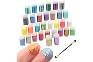 FL HUA 32 Pezzi Glitter per Decorazioni, Kit di Polvere Glitter Colorata con Spazzola, Creativi Polvere Brillantinata per Unghie, Lavoretti, Viso, Corpo