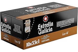 Estrella Galicia 0,0 Tostada - Cerveza Lager sin Alcohol, Frigopack de 10 Latas x 33 cl, Sabor y Aroma Tostado y Equilibrado, 0% Volumen de Alcohol