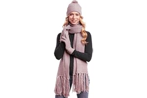 Hilltop Conjunto de Invierno de 3 Piezas Compuesto por Bufanda Tejida, Gorro y Guantes de Punto, Bufanda para Mujer XXL con Flecos con Gorro con Borla
