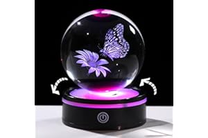 Arikyrist 8cm/3.15in. 3D Crystal Ball Butterfly with Flower with Rotatable Light Base, Butterfly Presents for Women Girlfriend Birthday Paperweight Home Ornaments