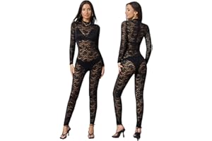 MAHUAOYIXI Tuta Donna Elegante Jumpsuit Manica Lunga Trasparente Ricamo Floreale Hollow Tuta Lunga in Pizzo Aderente Playsuit Sexy Lunghi Bodycon Rompers Bodysuit Tutina Skinny Pantaloni