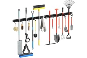 SHIRYLZEE Colgador Escobas y Fregonas,2 Paquete 4 Soportes y 5 Ganchos Negro Soporte Escobas Pared de Acero Inoxidable,Colgador Escoba de Soporte,Cuelga Escobas Pared Pesado para Casa,Cocina, Baño,Garaje,Jardín