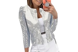 IQYU Blazer, giacca corta estiva da donna, con paillette, in argento, a maniche lunghe, estiva, con brillantini, a maniche lunghe, per feste, bolero