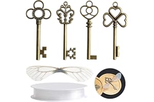 SANNIX 30 Stück Vintage-Skelettschlüssel, fliegende Schlüssel, Anhänger mit 30 Paar Libellenflügeln und 27,8 m elastischer Kristallschnur, für DIY-Weihnachtsdekoration
