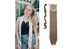 SILK-CO Ash&Brown Ponytail 23inch Hair Extension Wrap Around Ponytails Clip in on Pony Tail Synthetic Straight Hairpiece