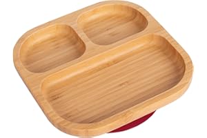 Tiny Dining Baby Plate with Suction Cup - Segmented - Red - Divided Non-Slip Bamboo Self-Feeding Baby Weaning Plate for Babies, Toddlers, Children