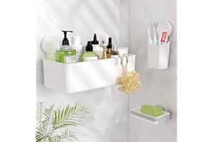 Luxear Étagère de Douche Ventouse avec Porte Savon & Porte Brosse à Dents Support Ventouse sans Perçage Salle de Bain Panier Rangement pour Bouteilles de Shampoing Gel, Porte Savon Douche - Blanc