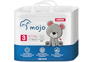 MOJO Komfortable Größe 3 Einweg Babywindeln Ultra-absorbierend Auslaufsicher Hautfreundlich Atmungsaktiv Unisex Windeln für Kinder, 114 Stück für 6-11 kg