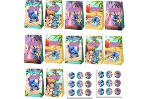 NDZYDXW 12 Pièces Sttitch Sac Cadeau,Sac papier cadeau,Sachet bonbons anniversaire, Sac petit cadeau, avec 18 Autocollants Mignons pour anniversaire enfant Fêtes, Fête de mariage, Noël,Party