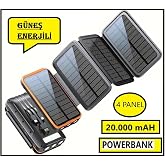 G&uuml;neş Enerjili 20000 Mah Powerbank solar 4 Panel Su Ge&ccedil;irmez Hızlı PD 20W Hızlı Şarj