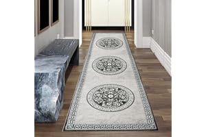 TEPPICH-TRAUM Traum Nowoczesny dywan, designerski, orientalny z błyszczącą przędzą, do salonu, z bordiurą i wzorem w koła, w kolorze szarym, antracytowym, kremowym, wymiary 80 x 300 cm