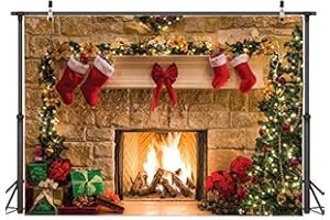 AIIKES 8x6FT Frohe Weihnachten Hintergrund Baumsocken Geschenk Familienfeier Ornamente Hintergrund Frohes Neues Jahr Weihnachten Kamin Thema Fotografie Hintergrund Bild Banner Dekoration 11-209