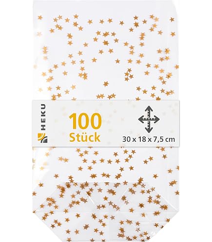 100 Bodenbeutel Sterne Gold 95 x 160 mm PP Beutel Weihnachten Weihnachtsbeute