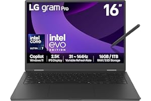 LG gram Pro 2in1 16T90TP - 16 Inch 2.5K IPS Touchscreen 144Hz VRR, Ultra-Lightweight 2-in-1 Laptop, Intel Core Ultra 7 255H, 16GB RAM, 1TB SSD, Windows 11 Home, gram Hybrid AI, Copilot, Black (2025)