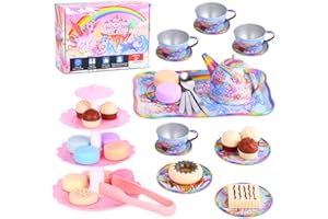 FUQUN 42Pcs Tee-Set für kleine Mädchen, Einhorn Schloss Pretend Play Tin Teapot Set, Kinder Party Set Spielzeug mit Teekanne Gerichte & Dessert für Mädchen, Prinzessin Tee Party Spielen Spielzeug