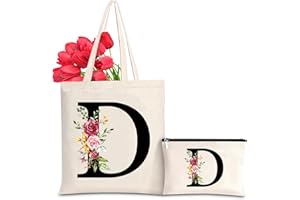 Sinekong Sac Fourre-tout en Toile avec Initiale Fleur, Sac Tote bag en Toile Trousse de Maquillage Personnalisés Idéal pour Mariage, Anniversaire, Plage, Vacances, Cadeau Parfait pour Femmes Amis