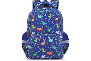 Decalsweet Kids Backpack with Reflective Strip,Large Boys School Bag for Primary School Elementary School,Lightweight Book Bag for Sports and Travel,Blue Dinos