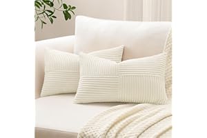 Sungeek 2er Set Cord Kissenbezüge, Kreuz Streifen Muster Kordsamt Kissenbezug Sofakissen Dekokissen Patchwork Design Deko Zierkissenbezüge Kissenhülle für Wohnzimmer (40x60cm, Cremeweiß)