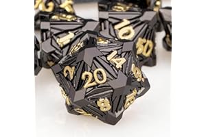 ORIFANTOU 7PCS Metal DND Dice Set with Box, Debris RPG Black Gold D and D Dice for use with D&D Tabletop Games Role Playing Game Polyhedral Dice Set D20 D12 D10 D8 D6 D4