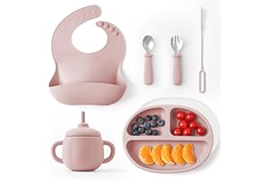 Mineto, Coffret Repas Bebe Design, 6 Pièces : Assiette Bebe Ventouse Antidérapante, Bavoir Silicone Bebe Souple, Set Vaisselle Bebe DME, Sans BPA pour Sécurité & Confort, Rose
