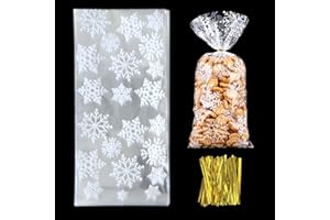 Sacchetti Biscotti di Natale, Azexcy 100 Pz Sacchetti Regalo in Cellophane Fiocchi di Neve Trasparente Sacchetti con Cravatta per Caramelle, Alimenti, Dolci, Torte