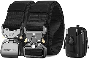 BESTKEE Ceinture Tactique Homme, 2 Pièces, Robuste 3,8 cm, Boucle Métallique Dégagement Rapide, Poche Tactique Molle, Noir, Taille 125 cm