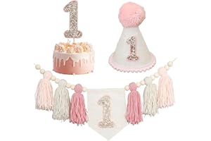 DANDUOLAI Pink 1st Birthday Decoration High Chair Banner For Girl 1st Birthday Crown Cake Topper First Birthday Party Decorations(Pink)