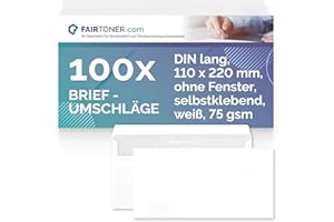FairToner Briefumschlag DIN Lang Selbstklebend, (100 Stück) mit Innendruck in Folienpackung-eingeschweißt, weiß ohne Fenster