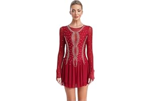 Freebily Damen Eiskunstlaufkleid Langarm Glitzer Mesh Tanzkleid Trikot Mit Strass Eislaufen Rhythmische Gymnastik Tanzkostüm