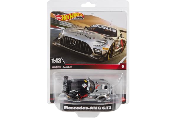 Hot Wheels Mercedes AMG GT3 Evo, Voiture De Collection Premium Réplique Échelle 1/43, Pneus Real Riders, Carrosserie Et Châssis Metal, À Collectionner, Jusqu'À 20 Éléménts Inclus, Jouet Adulte, HMD44