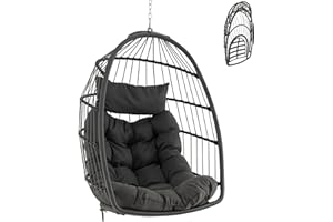 COSTWAY Swing Egg Chair, Foldable Rattan Hanging Chair with Soft Cushion and Head Pillow, Indoor Outdoor Hanging Egg Basket Seat for Garden Patio Yard Living Room