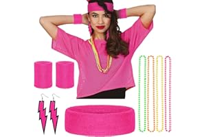 Humairc 80er Jahre Outfit Damen Karneval Kostüm Damen Mädchen Neon Netz Shirt Stirnband Armband Ohrringe Halskette 80er Jahre Accessoires Damen Party
