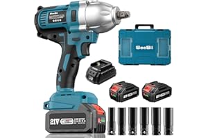 Seesii Akumulatorowa wkrętarka udarowa 800 Nm, profesjonalna wkrętarka udarowa 1/2" do wymiany opon samochodowych, 3-biegowa przekładnia, silnik bezszczotkowy, 21,0 V, 2 x 4000 mAh, szybka ładowarka,