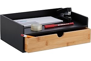 Relaxdays Schreibtisch Organizer, 1 Schublade, DIN A4 Ablage, Bambus, HBT: 11 x 32 x 22 cm, Büroorganizer, schwarz/Natur