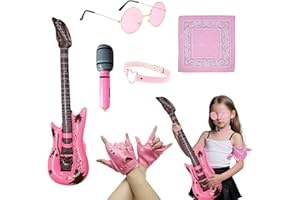 TUONYIS 6 Pcs Rockstar Fancy Dress Kids Punk Rock Star Fancy Dress Kids Rockstar Costume Gothic Rocker Costume Set with Gloves Sunglasses Bandana Inflatable Guitar Microphone Necklaces (Pink)