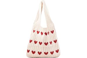 Funtery Strandtasche, Damen Häkeltasche Damen-Strick-Love-Häkeltasche Umhängetasche Handtasche Damen Gestrickte Tasche Shopper Tasche Tote Bag Schultertasche für Reise Einkaufen und Alltag(Beige)