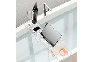 QWORK® Expanderbar badbricka, transparent badkarsförvaringsställ, infällbar från 56 cm till 81 cm för badkar och diskbänk