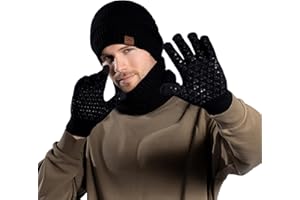 LUVEEVA Men's Winter 3-Piece Set - Beanie Hat, Scarf & Touchscreen Gloves - Warm, Soft & Stylish Knit Winter Accessories