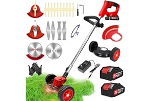 FISIYINDZ DéBroussailleuse à Electrique sans Fil 21V 2.0Ah Coupe Bordure sans Fil avec 2 Batterie et Chargeur Rapide Taille Bordure avec Roues Trois Types De Lames,légères et à Faible Bruit,pour Jardin Élagage