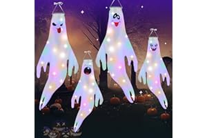 FHzytg 4 Stück Halloween Geist Windsack mit LED Lichtern, Geist Garden Dekor, Halloween Windsäcke Flagge hängen Ghost für Vorgarten, Patio Rasen Garten, Halloween Party Dekor