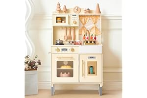 Giant bean Wooden Play Kitchen, Toddler Kitchen Playset, with Microwave Play Sink Ice Maker Oven Cookware Accessories Playset, Pretend Play Food Toys for 3+ Year Old Boys Girls