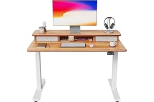 FEZIBO Height Adjustable Electric Standing Desk with Double Drawer, 100 * 60cm Stand Up Table with Storage Shelf, Sit Stand Desk with Splice Board, White Frame/Light Brown Top